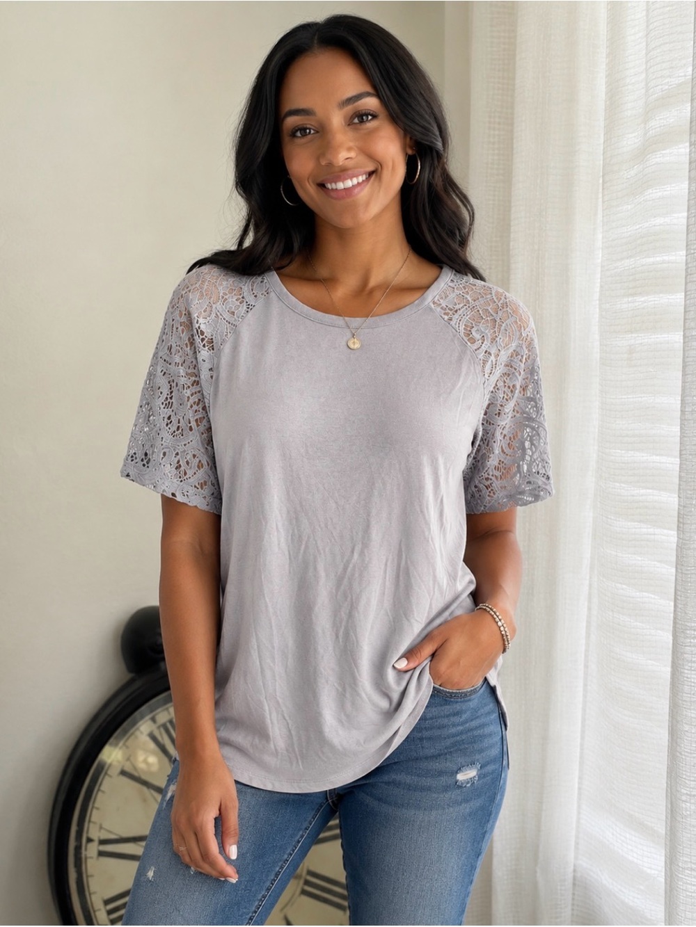 Zenana Signature Gray Short Sleeve Laced Blouse Free, Casual, Work Wear  Size S
